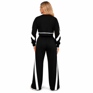 Ensemble de survêtement unisexe noir et blanc à rayures, imprimé lettres et motifs animaux, manches longues, col rond, coupe droite, style sportif, avec détails latéraux - Product Image 2