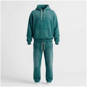 Conjunto Deportivo Unisex Color Verde Azulado, Sudadera con Capucha y Cordón Ajustable, Color Sólido, Casual, Transpirable, Corte Regular, Ropa de Otoño - Product Image 1