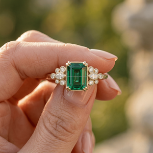 Anillo de compromiso para mujer con piedra preciosa de corte esmeralda chapada en oro rosa, diseño floral vintage y engaste de puntas. - Product Image 2