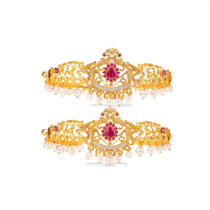 Geometric Pearl and Diamond Gold-Plated <b>Bangles</b> for Bride - Product Image 2