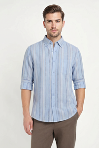 Camisa de Verano de Lino Sarga a Rayas Casual con Doble Botonadura y Cuello Abotonado Transpirable ODM - Product Image 3