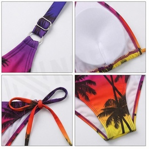 Conjunto de Bikini de 2 Piezas con Estampado de Palmeras Tropicales para Mujer, Cuello Halter, Cintura Alta, Traje de Baño de Spandex y Poliéster Elástico para Playa - Product Image 4