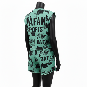 ชุดเสื้อยืดแขนกุดและกางเกงขาสั้นผู้หญิง ผ้าฝ้าย 100% 200 GSM ผ้าฝ้ายโพลีเอสเตอร์พรีเมียม สีเขียวมิ้นท์ พิมพ์ลายกราฟิก พร้อมโลโก้แบบกำหนดเอง - Product Image 5