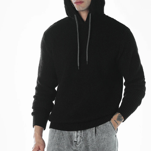Pull à capuche en tricot noir pour homme, coupe classique, couleur unie, décontracté, automne, écologique, polaire polyester/coton - Product Image 3