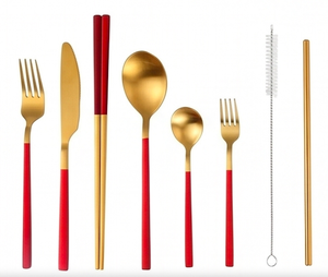 Red Handle Cutlery <b>Set</b> With Chopstick And Matte Gold PVD Head For Outdoor Dining Office <b>Lunch</b> Camping Wedding And Travel - Product Image 1