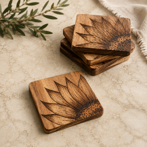 Sunflower Laser Engraved Solid Wood Coaster Handcrafted Heat Resistant Drink Mat <b>Table</b> <b>Protector</b> Coffee Tea Cup Holder Home Deco - Product Image 1