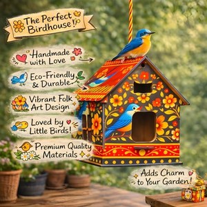 Mangeoire à oiseaux artisanale en bois de manguier - Design folklorique blanchi vieilli - Vente en gros - Product Image 6