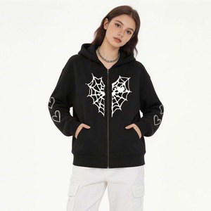 Nueva sudadera con capucha de otoño-invierno, personalizada, de forro polar grueso, con estampado de corazón de telaraña, con cremallera, cálida, informal, estilo urbano, 100% algodón. - Product Image 6