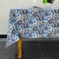 Nappe de table en coton écologique bleu à motifs floraux, faite à la main, imprimée au bloc, style bohème français vintage, lavable, bord festonné, pour fêtes et maison