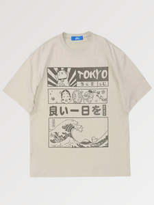Vithas Industry Tokyo Geometric Print Unisex Cotton T-<b>Shirt</b> Crew Neck Loose Fit Casual Style <b>White</b> Anti-Pilling Short Sleeve - Product Image 3