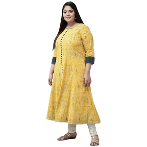 Kurta Anarkali en coton à rayures jaunes, taille plus, col rond, manches trois quarts, vente en gros, vêtements d'été pour femmes - Product Image 3