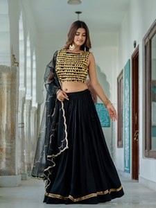 Black Gold Embroidered Polyester Quick Dry All Seasons Navratri Lehenga Set Sleeveless Crop <b>Top</b> Pleated Skirt <b>Net</b> Dupatta - Product Image 3