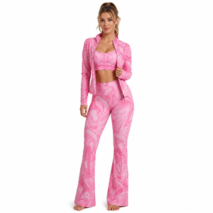 Ensemble de compression 3 pièces pour femme, imprimé, coupe évasée, pour yoga, avec soutien-gorge dos nageur, veste de sport et legging respirant - Product Image 4