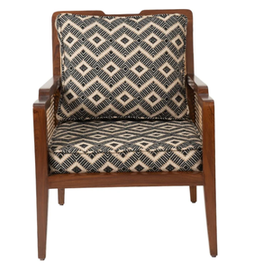 Sillón de madera moderno de mediados de siglo con respaldo de mimbre y tapicería geométrica, silla de sala de estar con estructura de madera maciza hecha a mano - Product Image 3
