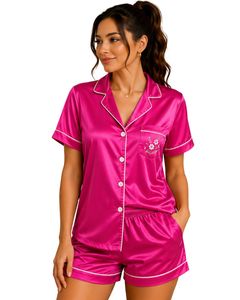 Ensemble de pyjama en satin rose vif personnalisé pour femmes, vêtements de nuit en soie de luxe, poche brodée, ensemble de détente à manches courtes et doux - Product Image 1