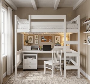 Modern Solid Wood Bunk Bed Twin Size with Desk and Storage <b>Oak</b> Finish Multi Functional Bedroom Furniture - Product Image 2
