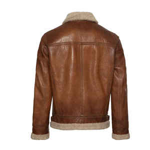 Veste aviateur en cuir véritable marron pour homme avec doublure en fausse fourrure, fermeture éclair, ceinture, style moto hiver - Product Image 5