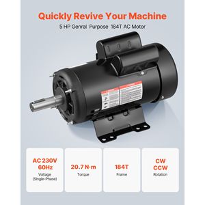 Motor de Compresor de Aire Eléctrico de 5 HP y 1725 RPM, Rotación CW/CCW, Diámetro del Eje de 1.125 Pulgadas, Longitud del Eje de 2.75 Pulgadas, Torque de 20.7 N.m - Product Image 2