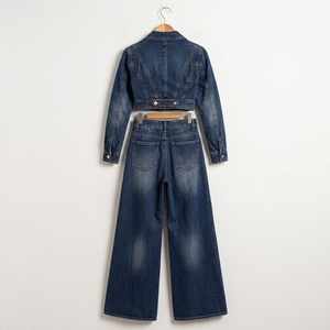 Conjunto de Dos Piezas de Mezclilla Azul Oscuro para Mujer, Chaqueta Corta y Pantalones Anchos, Ropa de Moda Urbana Personalizada al por Mayor - Product Image 6