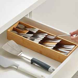 Organisateur de couverts en bambou pour tiroir, plateau de rangement pour ustensiles de cuisine, séparateur pour cuillères, fourchettes et couteaux, organisateur de couverts en bois - Product Image 1