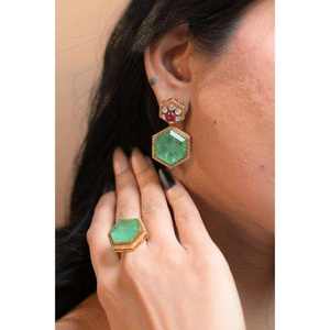 Luxury Green Gemstone Kundan <b>Earrings</b> <b>Set</b> With <b>Gold</b> Plating 925 Sterling Silver Bollywood Party Wear Jewelry - Product Image 2