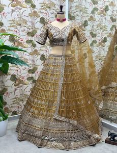 Lehenga semi-cousu en filet avec broderie lourde, travail de sequins, manches, vêtements de mariée, fête de mariage, séchage rapide - Product Image 6