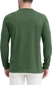 Chemise Henley à manches longues pour homme, couleur verte, coupe classique, en coton tricoté, haut décontracté, couleur unie, respirant, col rond - Product Image 3