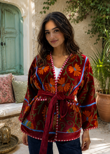 SUJANI JACKET RT 2 Velvet Floral Embroidered Bomber Jacket Women's Full Sleeve V-Neck Belted Spring Reversible Eco-Friendly - Product Image 3
