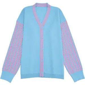 Wholesale Custom OEM ODM Acrylic Cotton Knitted Varsity Sorority Greek Cardigan Sweater For Woman
