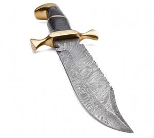 Cuchillo utilitario de hoja fija de acero de Damasco al por mayor con escala de madera oscura y pomo de latón - Product Image 5