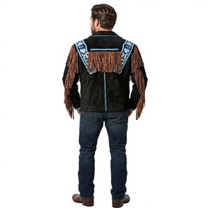 Men's Black <b>Suede</b> <b>Fringe</b> <b>Jacket</b> with Beaded Yoke and Horn Buttons - Product Image 2