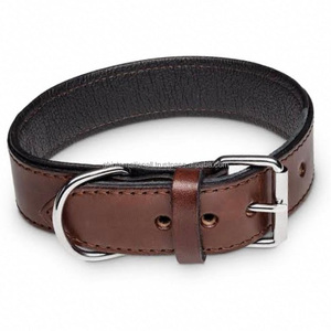 Collar de perro de cuero marrón con acolchado y costuras negro extrafuerte duradero con hebilla de rodillo de acero inoxidable y anillo en D de todos los tamaños - Product Image 6