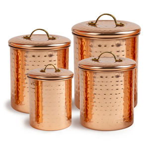Juego de 4 recipientes de almacenamiento de cocina de metal de calidad superior con textura martillada, acabado en cobre antiguo, con tapa superior, procedentes de la India. - Product Image 4