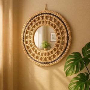 High Quality Rattan <b>Round</b> <b>Mirror</b> Framed <b>Mirror</b> Perfect For <b>Bathroom</b> Wall Decor And Daily Grooming Use Wholesale From India - Product Image 1