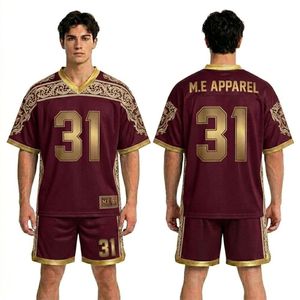 Ensemble short et maillot de supporter en sublimation, coupe classique, lourd, avec bordure dorée, couleur bordeaux, pour club - Product Image 1