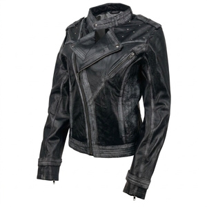 Veste de motard en similicuir vieilli pour femme, col montant, manches longues, marron, en cuir PU - Product Image 3