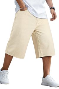 Pantalones Cortos Bermuda de Color Sólido para Hombre, Casuales, de Algodón, Corte Holgado, Cintura Media, Cintura Elástica con Bolsillos, Blanco Beige - Product Image 3