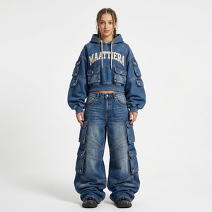 <b>Womens</b> Blue Denim Hoodie and Cargo <b>Baggy</b> <b>Jeans</b> Set Oversized Streetwear Two Piece Outfit Custom Wholesale Apparel - Product Image 1