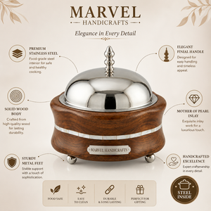 Casserole en bois avec incrustation de nacre, artisanat Marvel |   Bol intérieur en acier inoxydable |   Plat de service alimentaire haut de gamme |   Luxe - Product Image 5