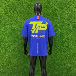 T-shirt homme Topline Products bleu à manches courtes avec logo jaune fluo imprimé au dos, coupe classique, vêtement décontracté, haute qualité - Product Image 1