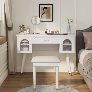 Modern Elegant White <b>Vanity</b> Makeup Table and Chair Set Modern Dressing Table with Organizer Writing <b>Desk</b> Charging Port - Product Image 1