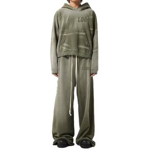 Ensemble survêtement personnalisé en molleton français surdimensionné vintage délavé à l'acide avec capuche lourde pour l'hiver et pantalon de survêtement empilé - Product Image 1