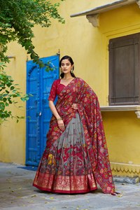 TENNECY Tasar Silk Kalamkari Print Foil Work <b>Border</b> Reversible Stretchable Sun Protection Quick Dry Ankle-Length Choli for - Product Image 3