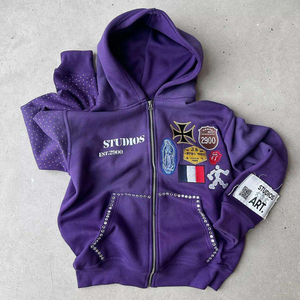 Trending Men's Rhinestone Zip Hoodie Custom Color & Logo Breathable Oversized wholesale Streetwear Rhinestone Sweatshirt - Product Image 5