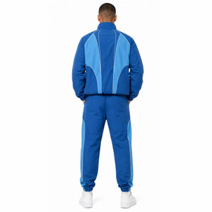 Survêtement unisexe bleu à blocs de couleur, manches longues, fermeture éclair, pantalon à cordon de serrage, style sportif, vêtement d'automne, 100 % polyester - Product Image 3