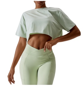Haute qualité couleur unie haut court t-shirt été à manches courtes basique col rond manches courtes hauts courts t-shirts coton polyester - Product Image 1