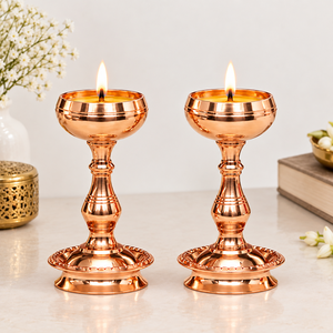 Traditional Pure Copper Diya <b>Lamp</b> Pair Standing Oil <b>Lamp</b> Stand Set for Puja Temple Mandir Home Decor Diwali Deepawali Gift - Product Image 2
