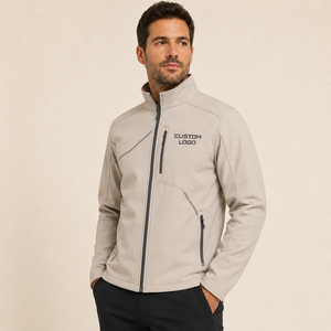 Men's <b>Light</b> Beige Soft <b>Shell</b> Jacket Stand Collar Zipper Closure Custom Logo Front Windproof Autumn Casual Wear Softshell Jacket - Product Image 4