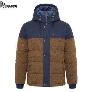 Chaqueta acolchada de invierno para hombre al por mayor OEM, chaqueta acolchada con capucha de lona azul marino y tweed marrón moteado, chaqueta acolchada. - Product Image 1