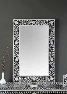 Miroir mural rectangulaire fait main en os incrusté, design floral noir et blanc, miroir décoratif traditionnel encadré - Product Image 5